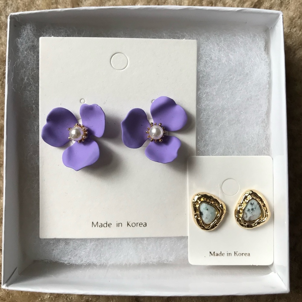 Purple Floral Earrings and Gold Heart Stud Earrings | Made in Korea | NWT